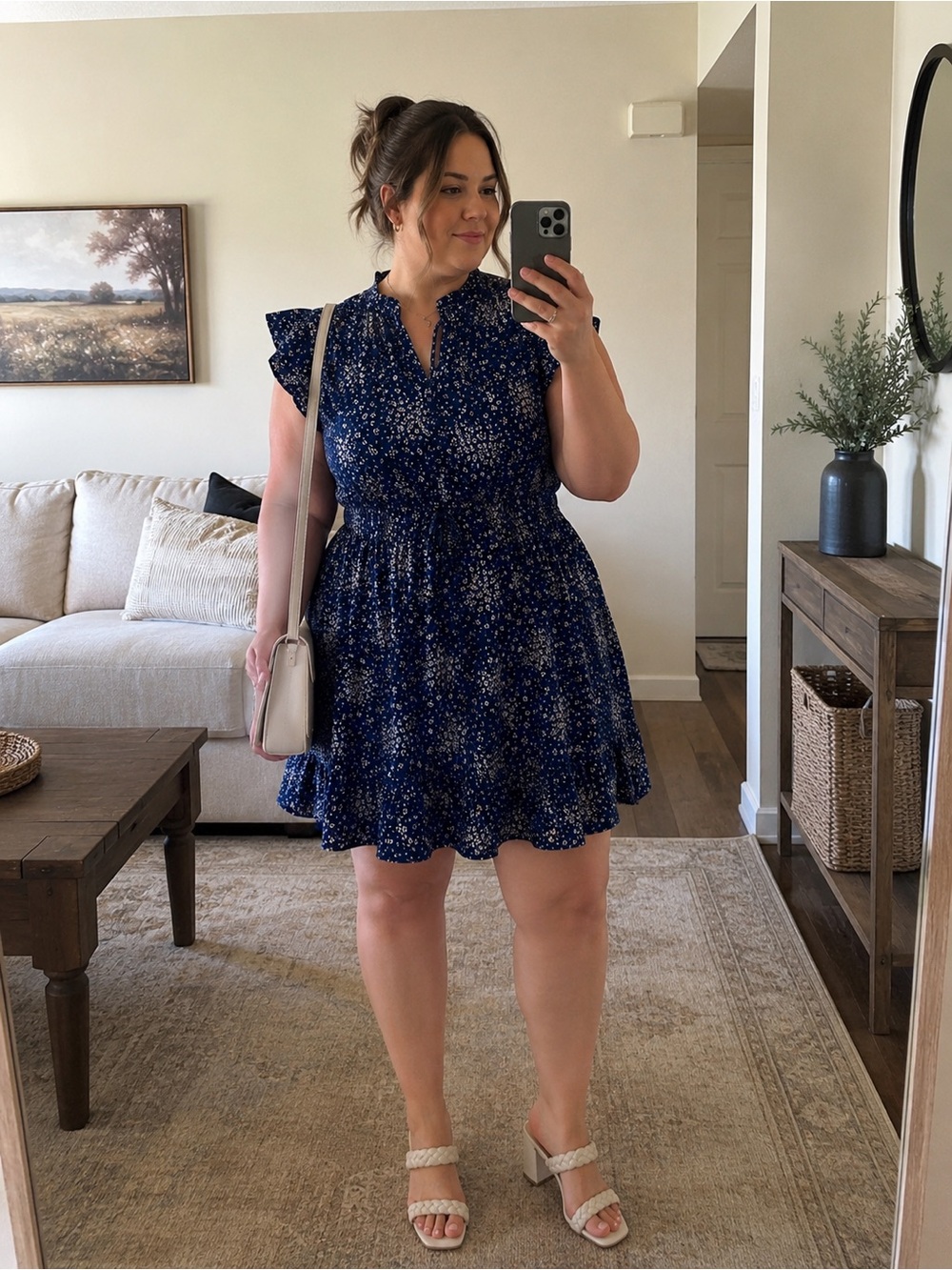Les Serein Wedding Guest Navy Blue Floral Boho Mini Dress Size L